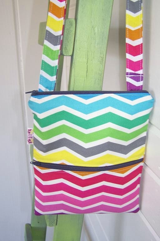 Small Sling Hip Crossbody Shoulder Messenger Bag -- Rainbow Chevron - Adjustable Strap and Exterior Pocket
