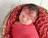 Baby Flower Headband - Newborn Headband - Photo Prop - Coral Pink and Gold Beaded Flower Headband