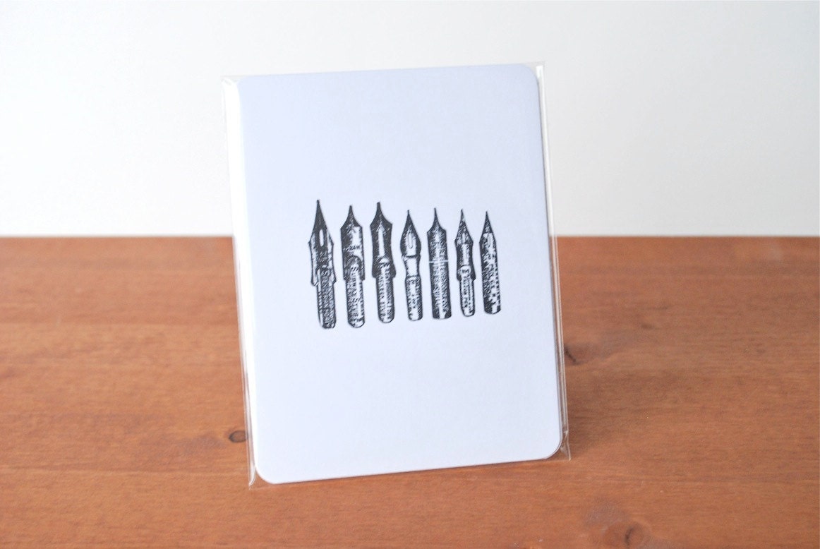white postcards/flat cards set of five: calligraphy pens