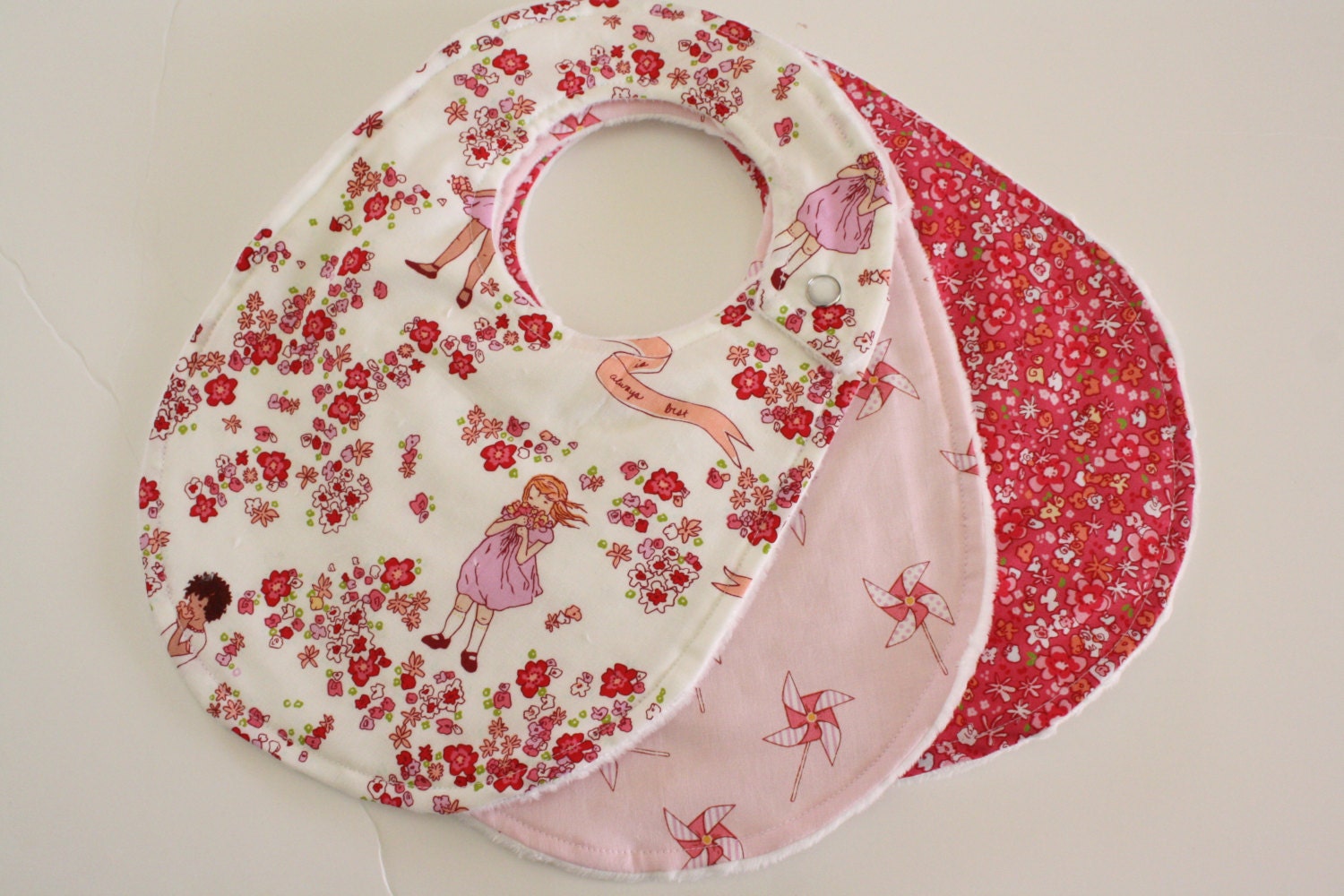 Set of 3 Baby Bibs with Sarah Jane Fabrics and White Minky Dot