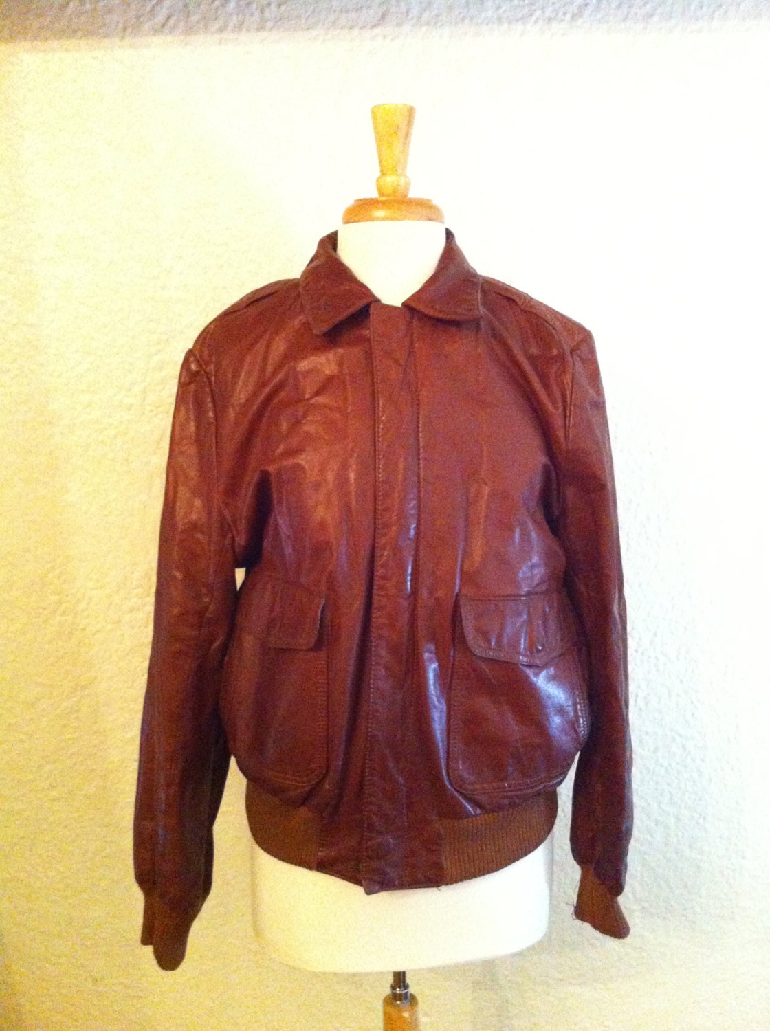 Vintage 1980s  Rust Brown Leather Bomber Jacket Small