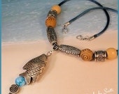 Teal Satin Cord Fish Pendant Wood Bead Necklace