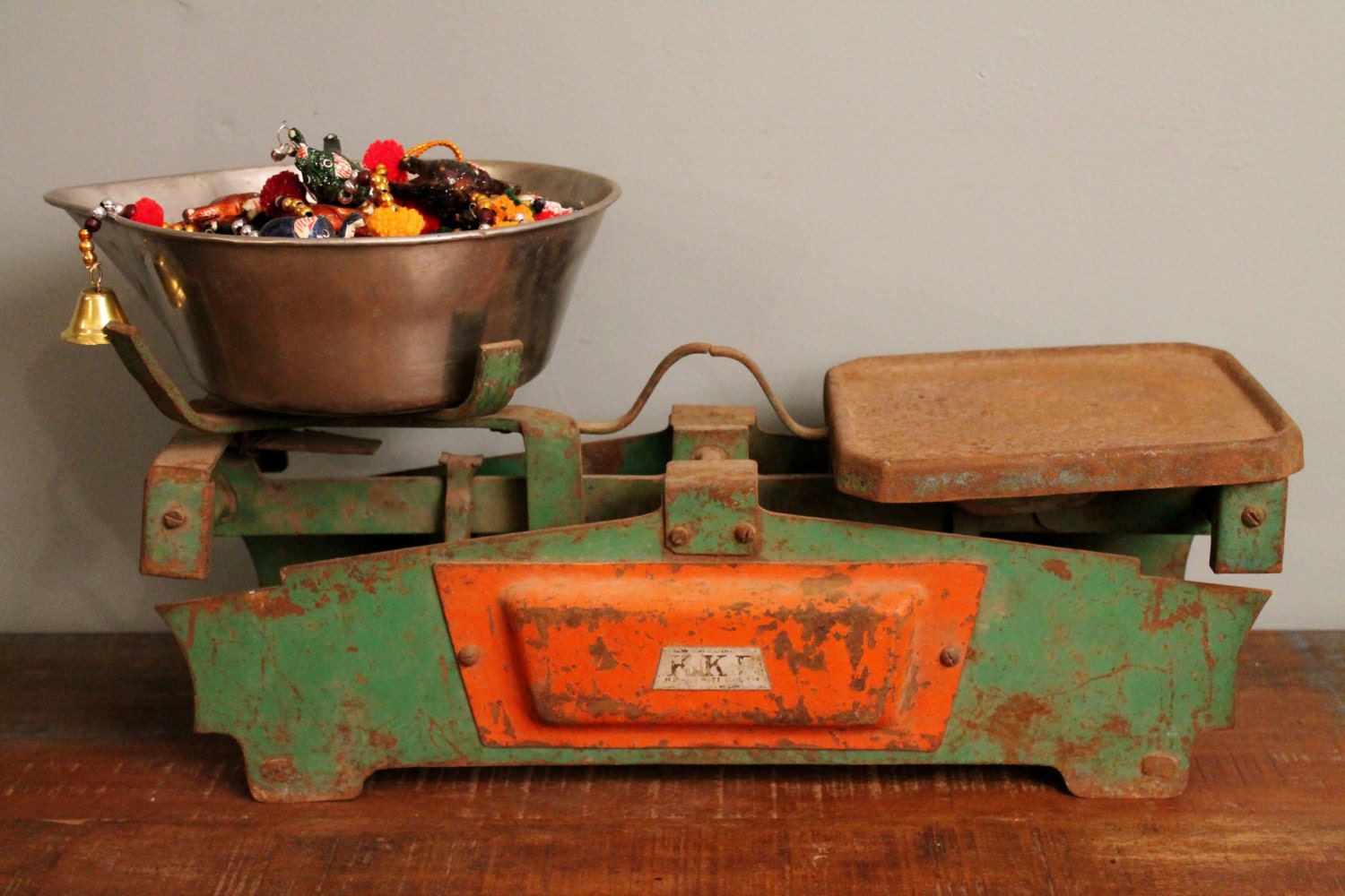 Clearance Item Antique Indian Chippy Green/Red Rusty Iron Painted Scale for Home Decor