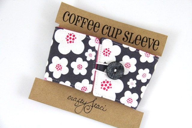 Coffee Cup Sleeve - Reversible - Grey and Pink Floral - Ready to Ship