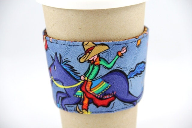Reversible Coffee Cup Sleeve - Cowboys and Woodgrain - Ready to Ship