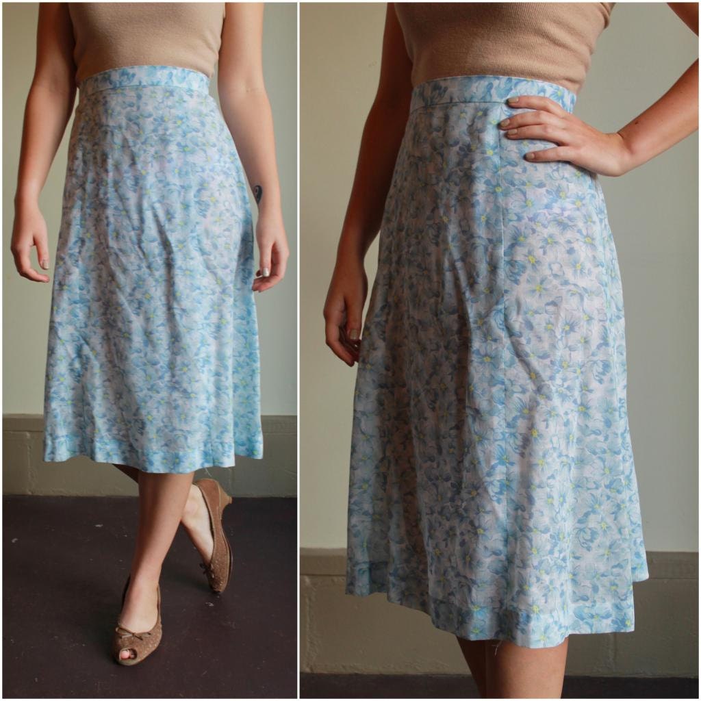 Vintage 60s Skirt  /  High Waisted 1960s Sheer Baby Blue And White Floral Print Aline Skirt  /  Small S Medium M