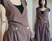 Vintage 70s Pinafore Jumper Dress  /  1970s Brown Cotton Wrap School Girl Dress  /  Medium M
