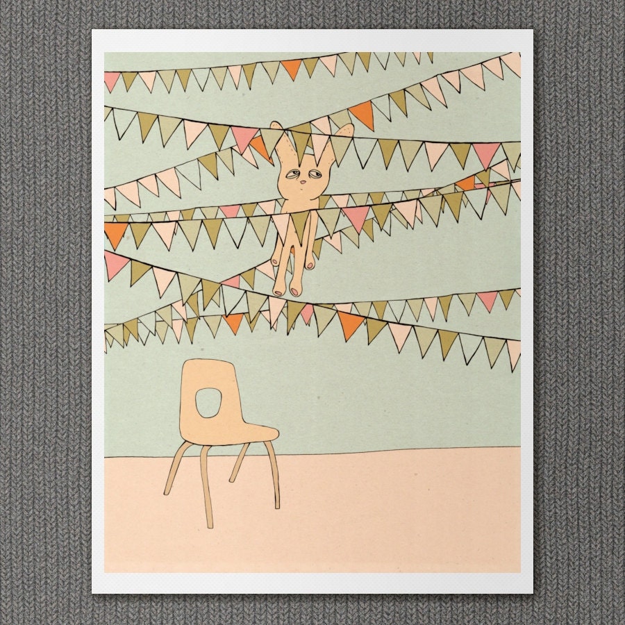 Children Decor Kids Art Animal Wall Poster Print - Scenes from a Party No.3 - Quirky Bunny Illustration with Bunting