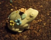 SPRING SALE Vintage Little White Ceramic Frog Pin Cushion with a Few Vinatge Pins