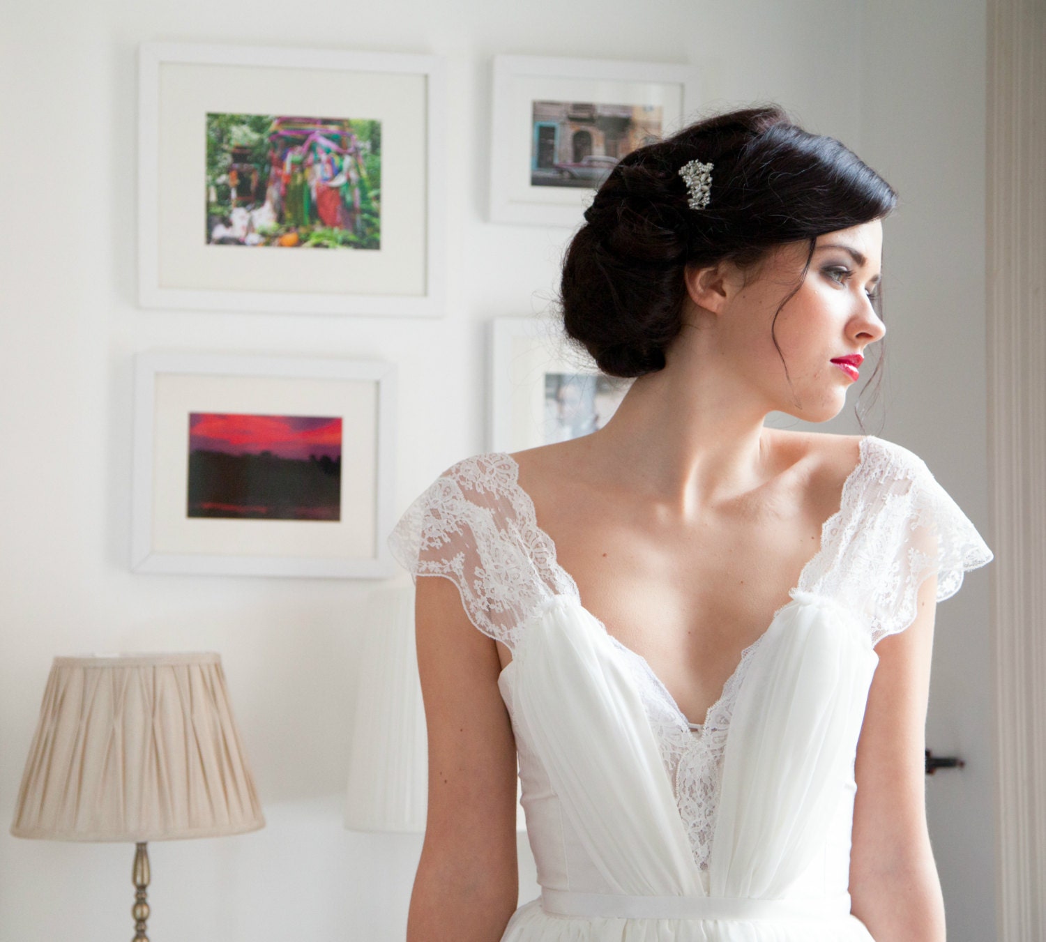 Silk, Lace, Satin and Chiffon Romantic Wedding dress By UK designer Katherine Kerrison Custom made beach wedding