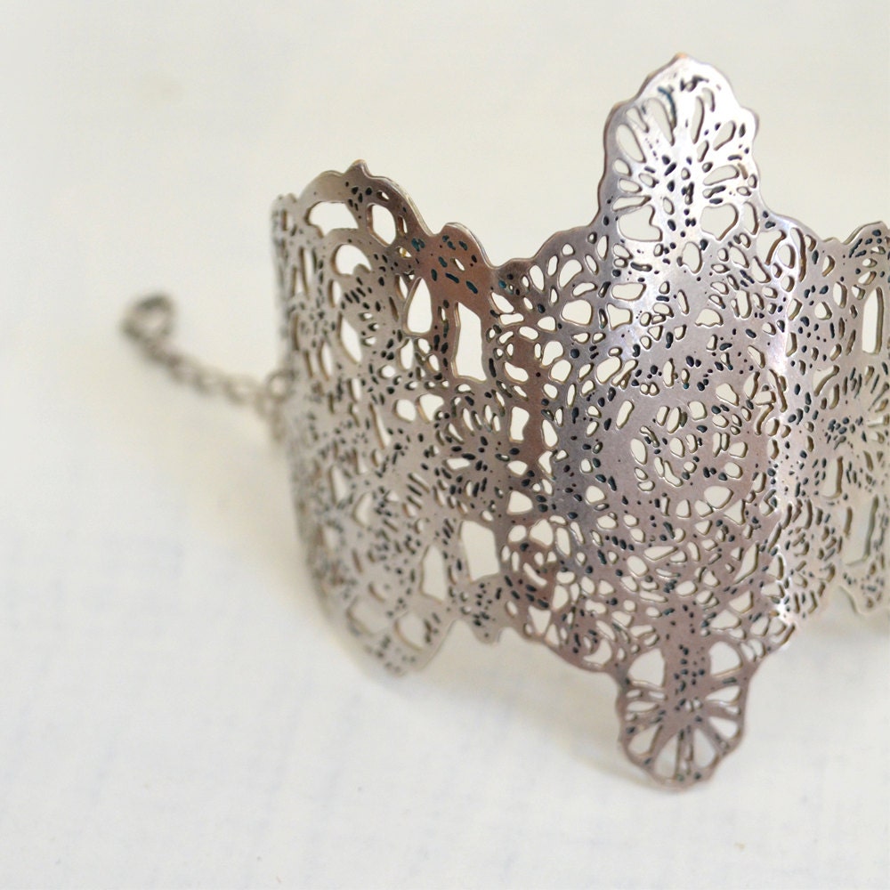 Black, Oxidized silver wide metal lace bangle, Urban style jewelry
