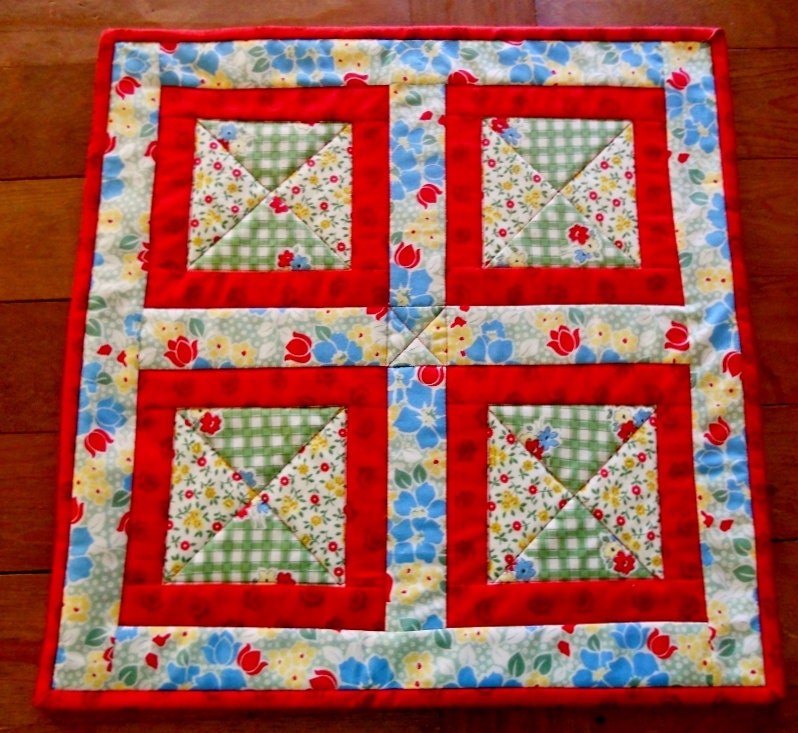 Summer Quilted Table Runner Topper Retro Kitchen Red Blue Yellow Green