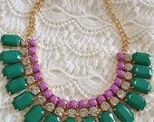 New Release, Emerald Green, Rhinestone Chunky Gold Chain Statement Bib Necklace
