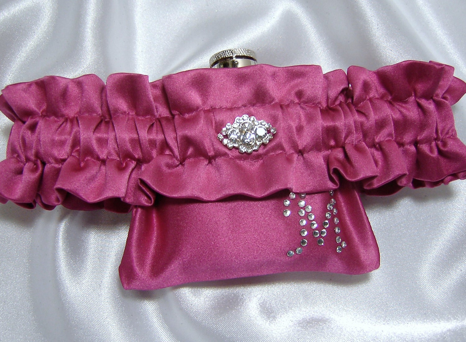 Three (3) Personalized FLASK GARTERS - Choose Custom Colors - Wedding Party Gift - Swarovski Crystal Monogram - 3 oz Hip Flask Included