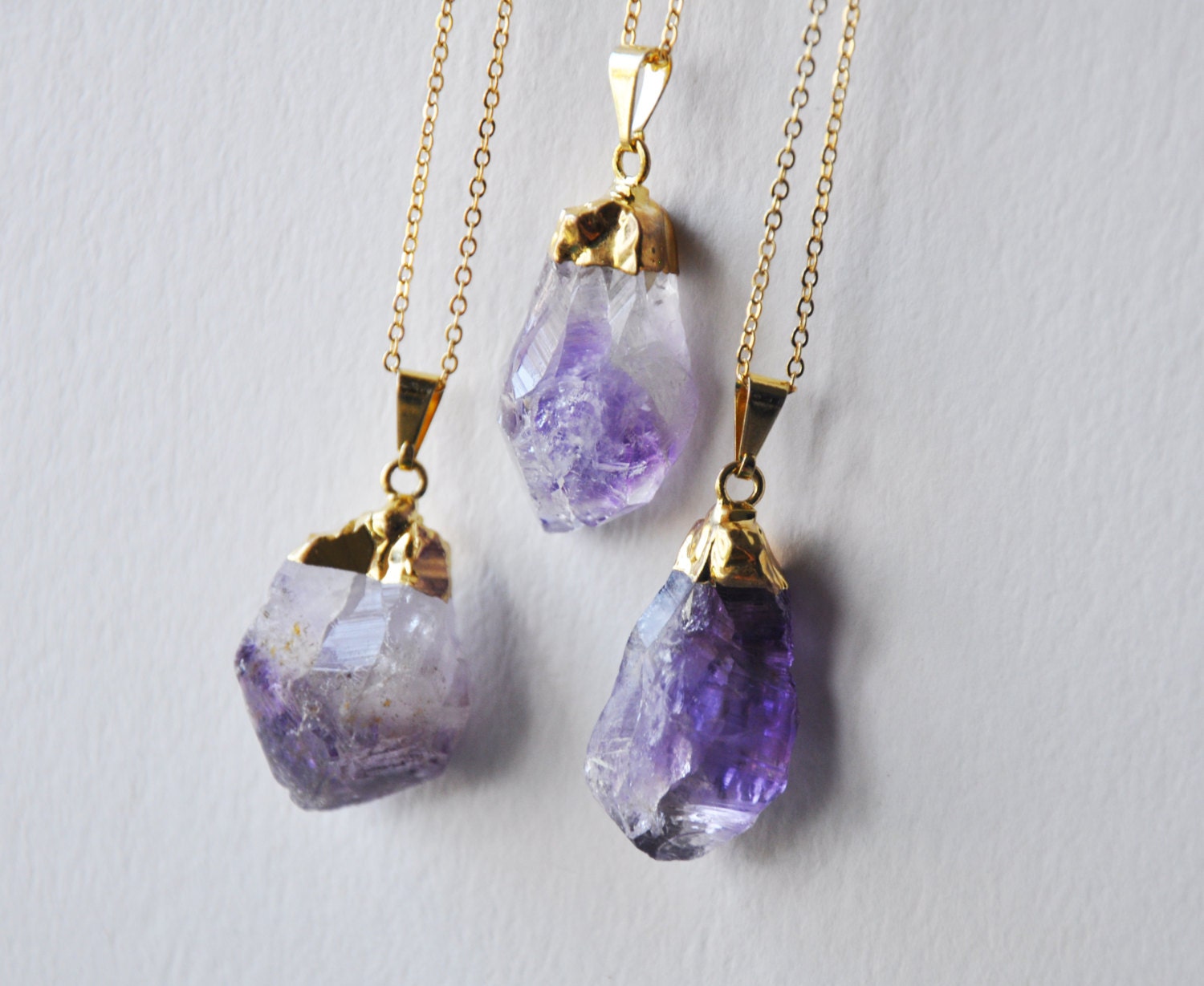 Gold Amethyst Electroplated Dipped Rock - Gold Plated Chain Necklace - Rough Cut - February Birthstone