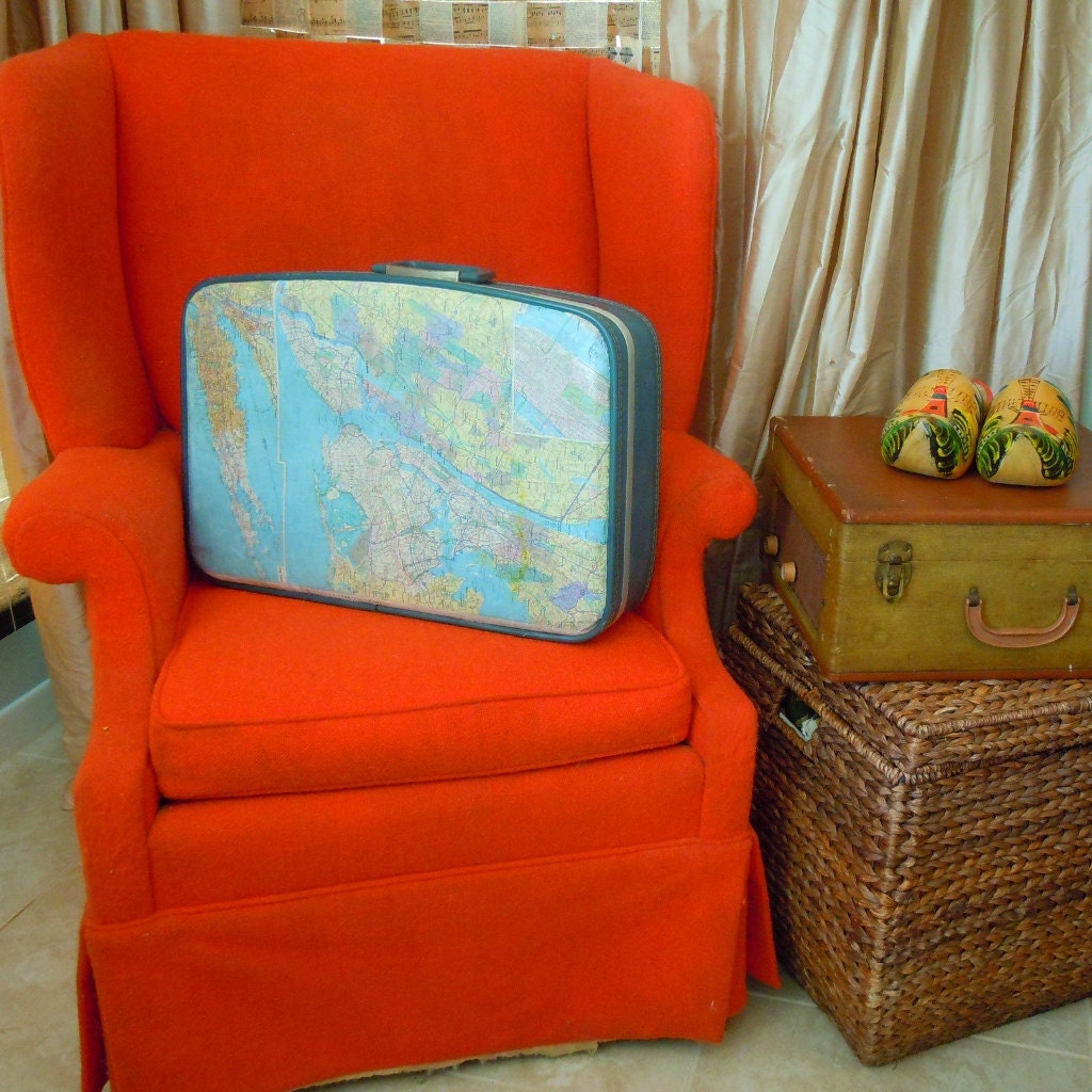 One of a Kind VINTAGE SUITCASE with Vintage Maps - New York City, Brooklyn, Los Angeles