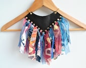 Exotic Leather Tribal Necklace, Upcycled, Bib Statement Jewellery, Bohemian Gypsy, Amazon Warrior Queen, Pink Blue Fabric