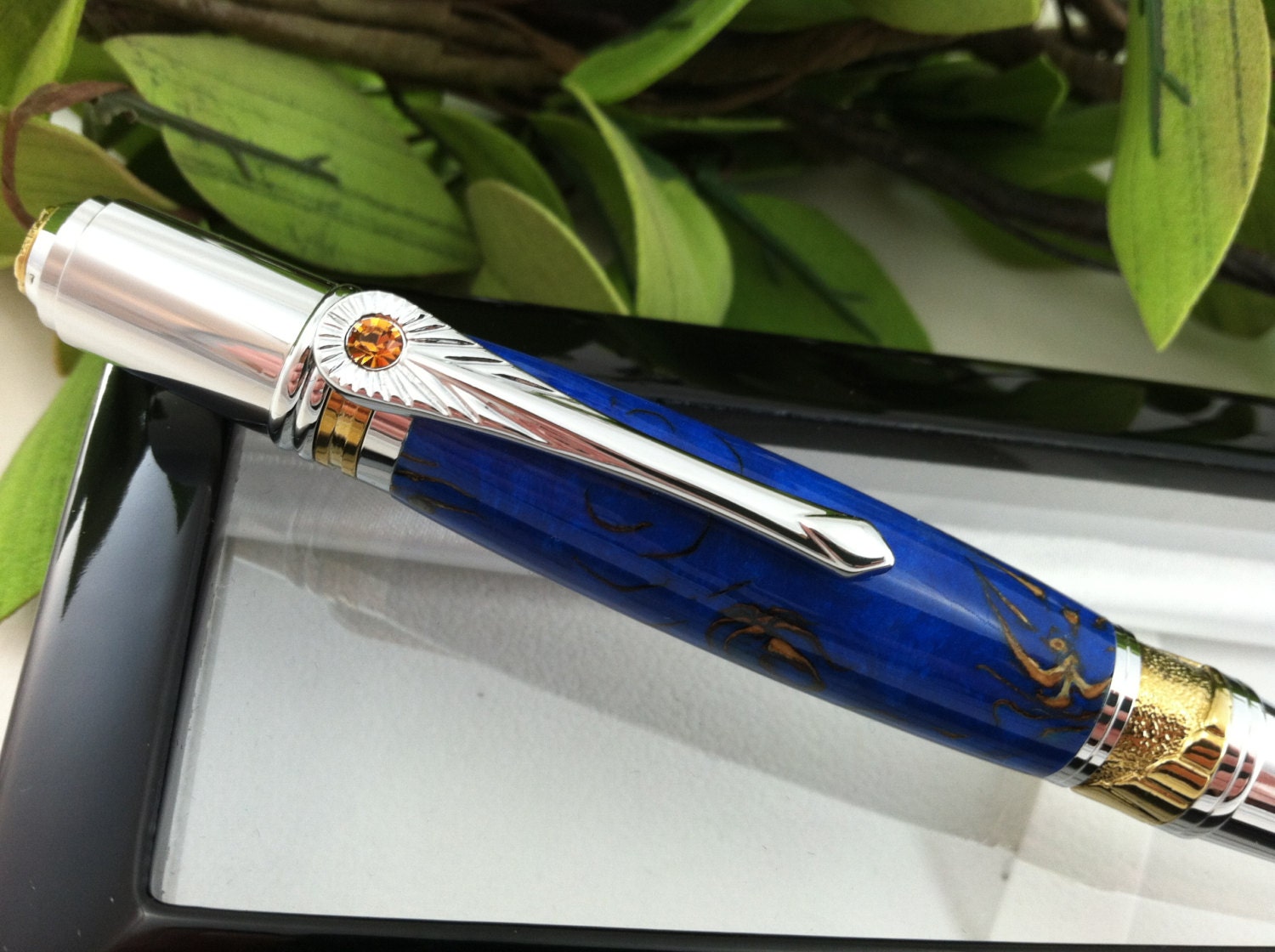 Personalized Blue Pine Cone Inlay Father of the Bride Writing Pen with Golden Swarovski Crystal - Free Engraving