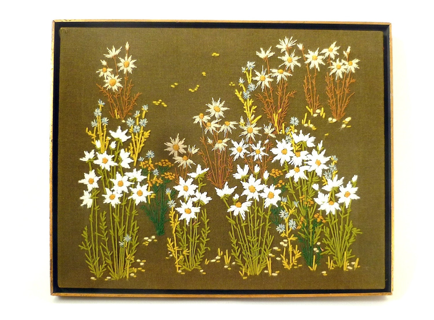 Vintage Framed Flower Embroidery ... Daisy, Floral, Green, Meadow, 1970s, Forget Me Nots