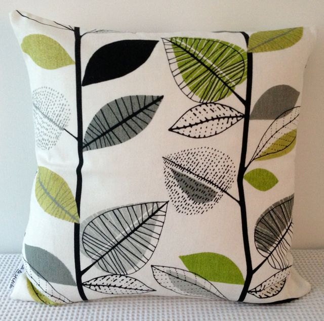 Retro autumn leaves in cream with detail in shades of green, grey and black cushion cover, slip cover, decorative cushion