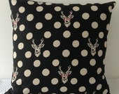 NEW Japanese fabric cushion cover in black background with deer and dots motif, throw pillow, decorative cushion