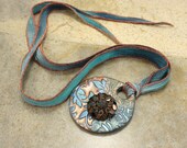Mixed Media Necklace Statement Teardrop Necklace Brown Turquoise Copper Sage Green Bronze Sage Green Hand Dyed Silk Ribbon