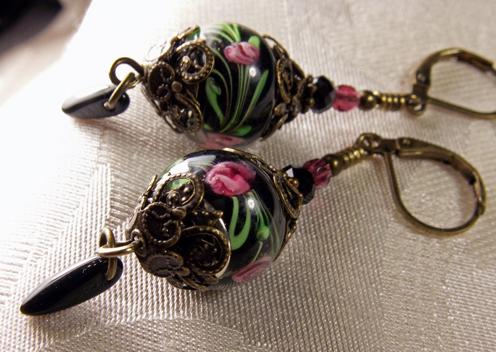 Black and Pink Rosebud Crystal Drop Earrings Steampunk Jewelry Antique Vintage Victorian Bridal Style