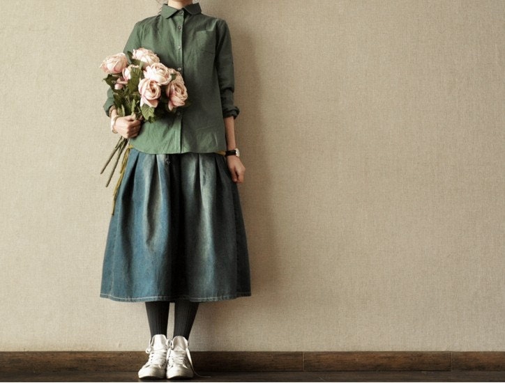 Linen Peter Pan Long Shirt Blouse for Women  - Green -Long Sleeved Women Spring Dress (R)