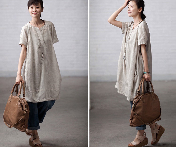 Loose Fitting Soft Cotton Long Shirt Blouse for Women  -  Rice White-Short Sleeved Women Spring Dress