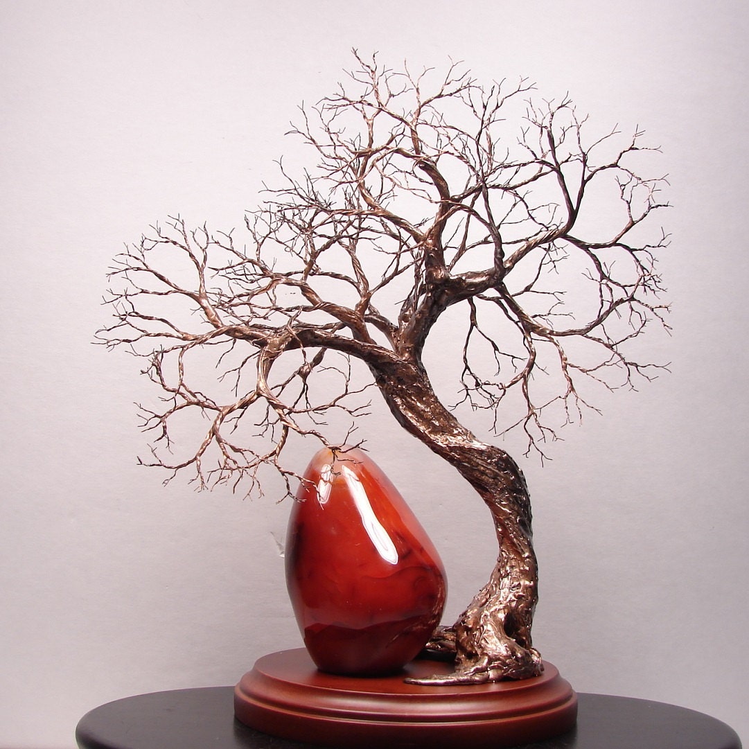 Flame of Creativity Madagascar Carnelian Wire Tree Of Life Spirit sculpture with Wood base, original art, Spring  gift ideas, Summer trends