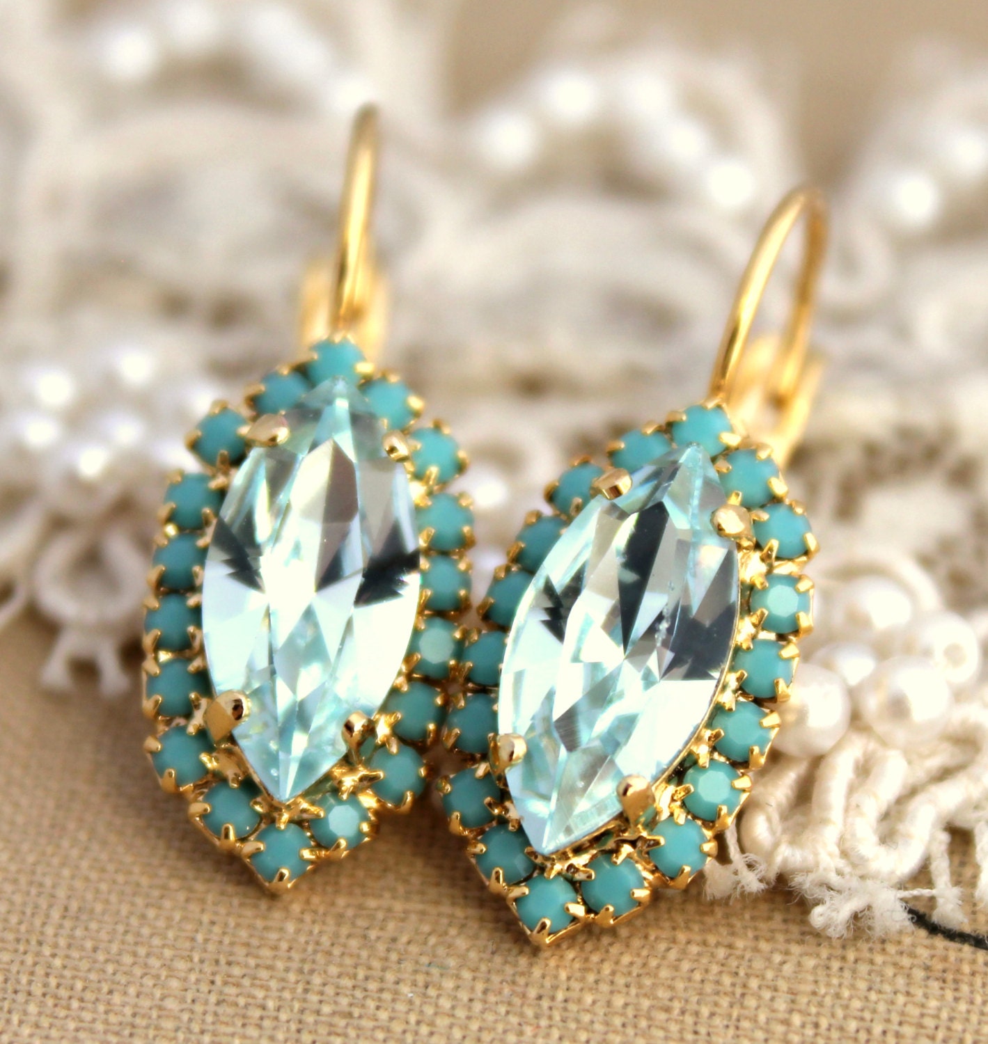 Crystal aqua blue ice turquoise earring chic jewelry - 14 k plated gold earrings real swarovski rhinestones .