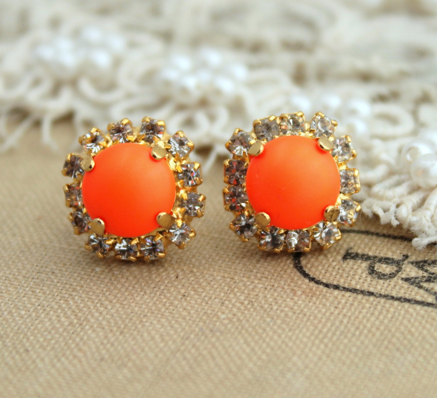Neon Stud earring Neon Orange white Rhinestones  Summer - 14k plated gold post earrings real swarovski rhinestones.