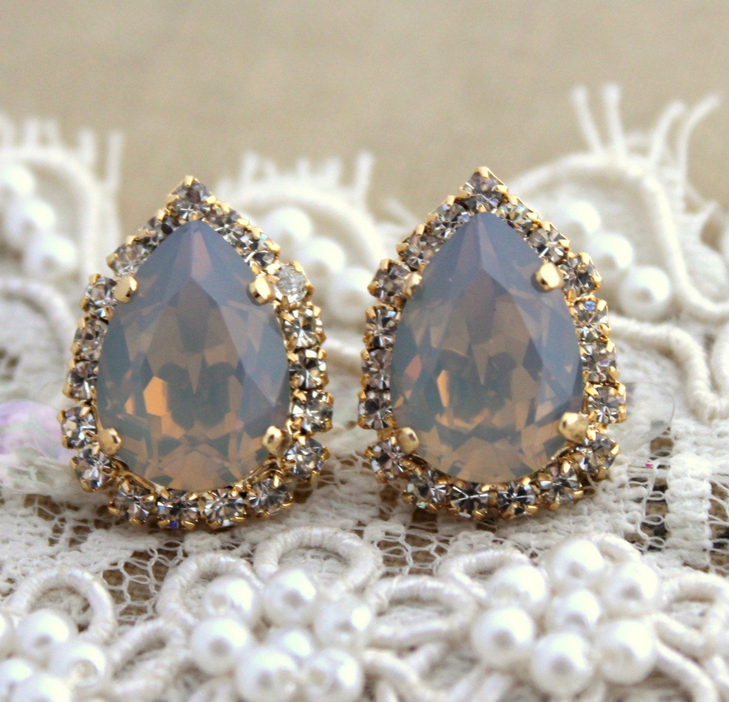 Gray Crystal big teardrop stud earring - 14 k plated gold post earrings real swarovski rhinestones .