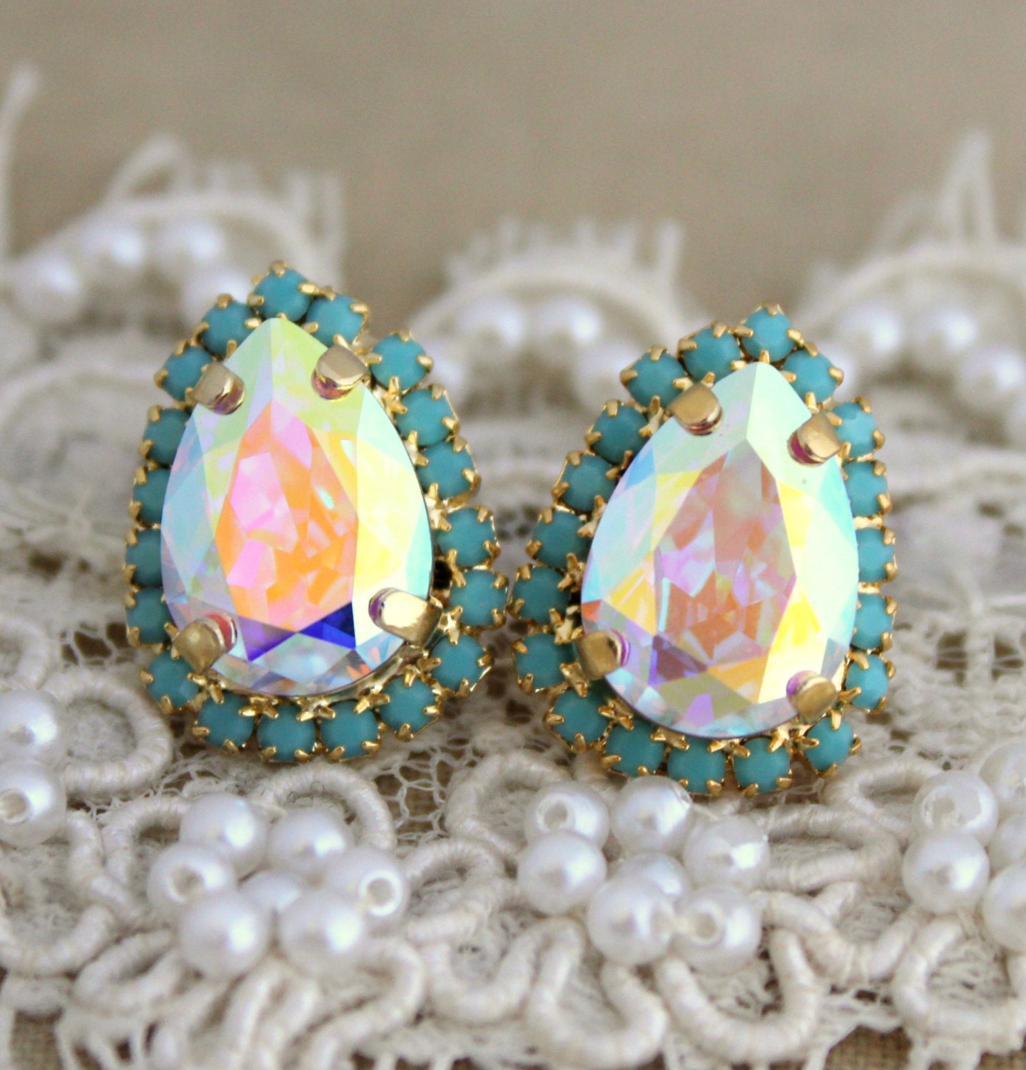 Blue and shiny white Crystal big teardrop stud earring - 14k plated gold post earrings real swarovski rhinestones.