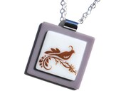 Simply Whimsical Fused Glass Pendant - Bird, Tree, Woodland, Nature, Outdoors - Sepia, Light Purple, White (Item 10561-P)