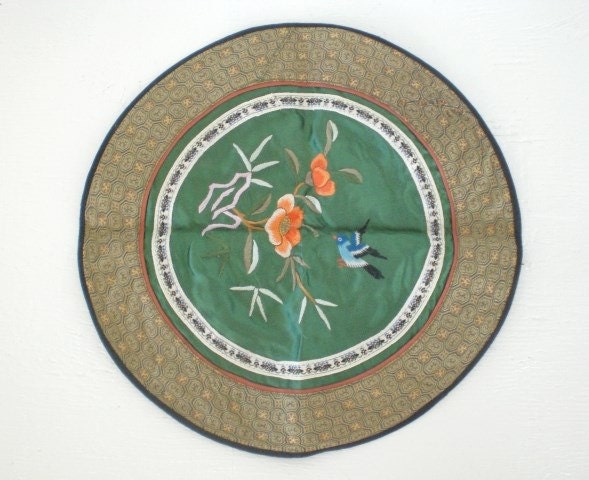 Vintage Round Silk Embroidered Textile China Green