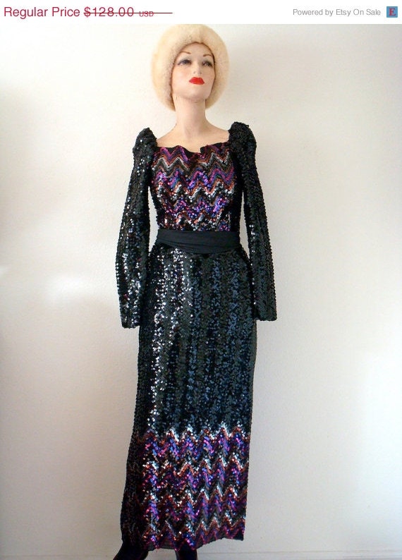 SALE- 1970s Party Dress / Sequin Evening Gown / lady stardust