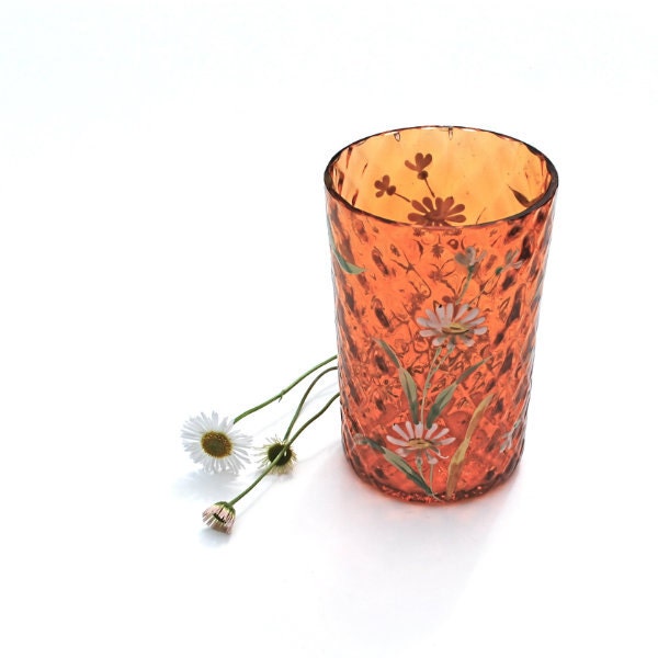 Antique Glass Tumbler Victorian Amber Enamel Flower Daisy on Diamond Grid