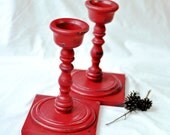 Large Rustic Red Candle Holders Set Pair Candlestick Chippy Distressed Cottage Chic Farmhouse Decor