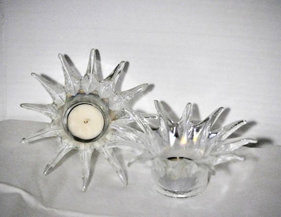 Vintage Candle Holders Pair Set Rainbow Glass of  Candle Holders in Starburst Mod Mid Century Mad Men