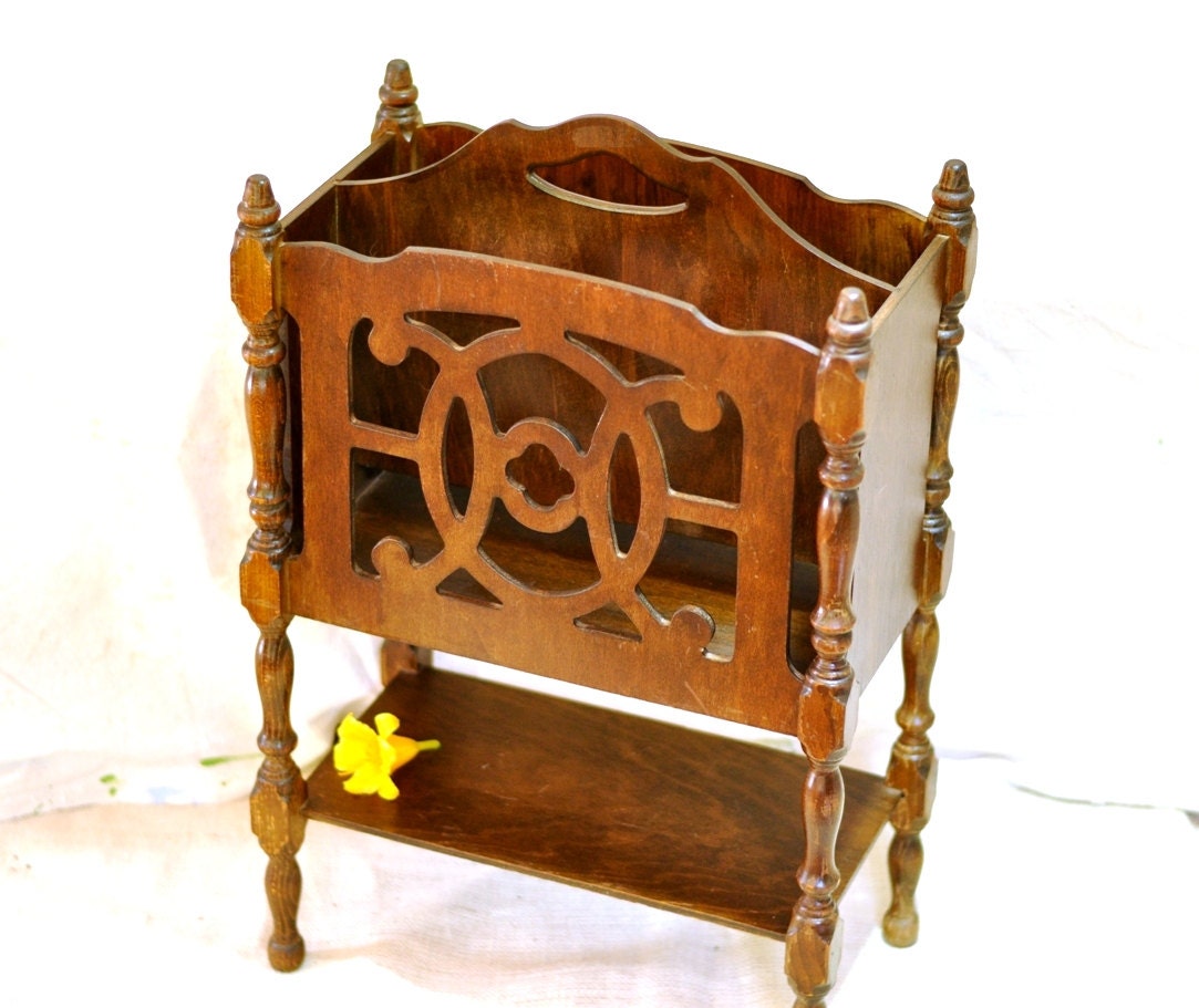 Ornate Wood Magazine Rack Organizer Shelf Storage Stand Antique 1940's Walnut Scroll-work Box Spindle Legs