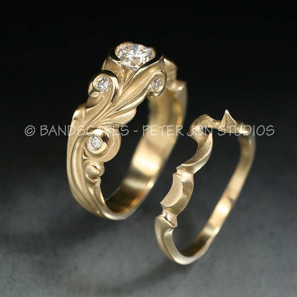 14k Yellow Gold ANNE WEDDING Ring Set, .58ct. E color, VS clarity Natural Diamond.  Ready to send