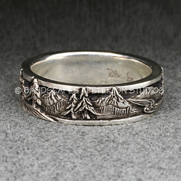 PEAKS, PINES, and RIVERS - A Highly Detailed Wedding Band in Sterling Silver