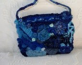 Elegant Freeform Knit and Crocheted Purse Shades of Blue, Wool, Novelty Yarns, OOAK
