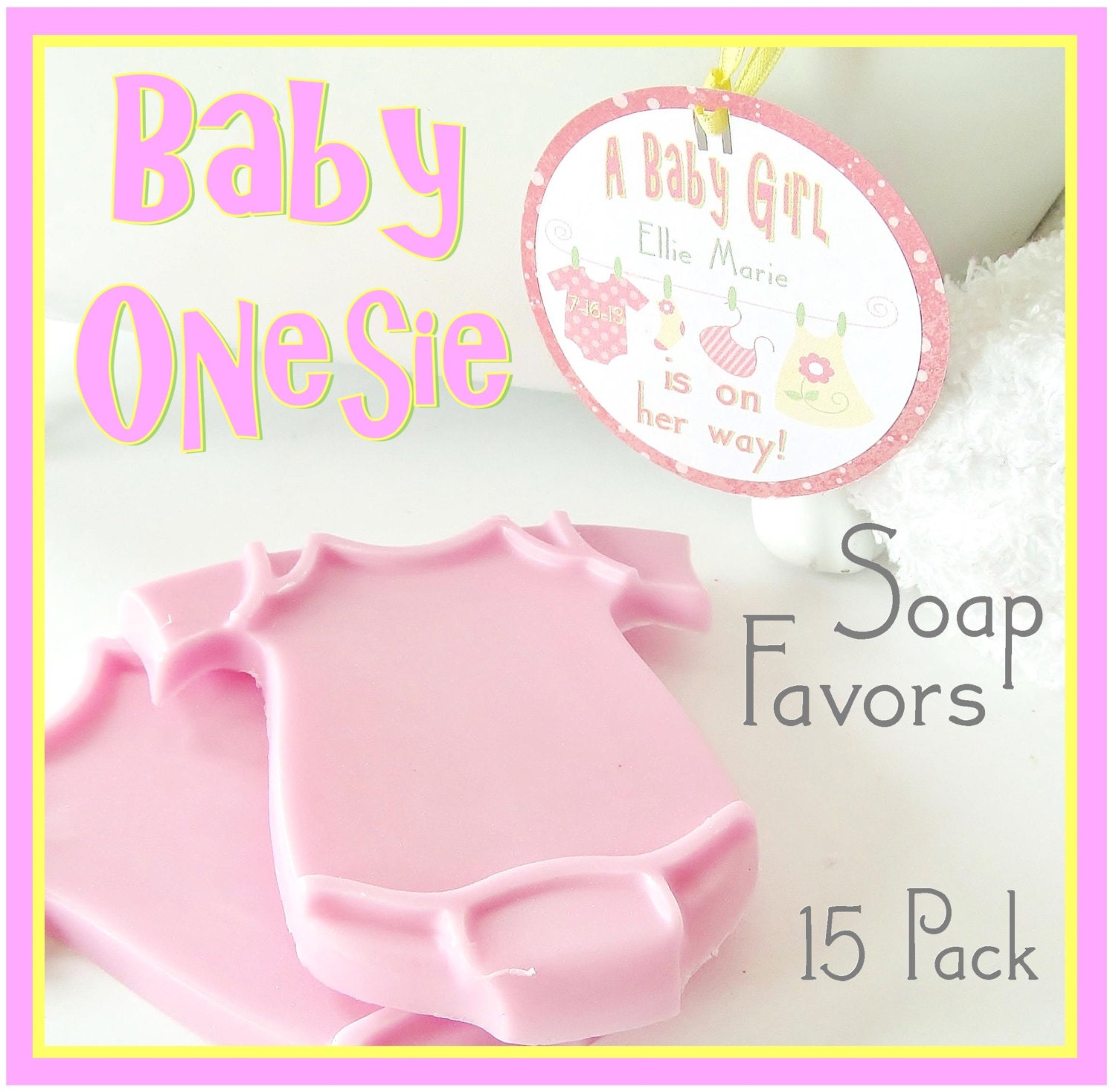 15 PINK GIRL ONESIE Baby Shower Soap Favor Pack - personalized, custom gift tag, scented, baby girl, gift wrapped, bib, yellow, green