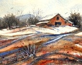 Watercolor Barn Snow Country by Colorado Artist Martha Kisling
