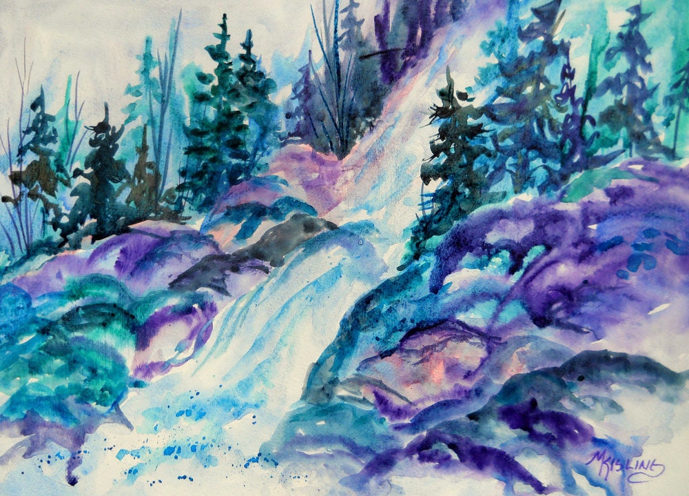 Waterfall Painting Blue Purple by Watercolor Artist Martha Kisling