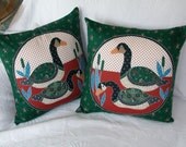 Hand Quilted PILLOW COVERS DUCKS in Green, Black, Blue, Cream and Burnt Orange