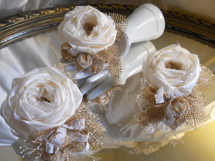 Burlap Corsage, handmade of silk, lace, and natural burlap. Available in Ivory, White or Black. Select color when purchasing.
