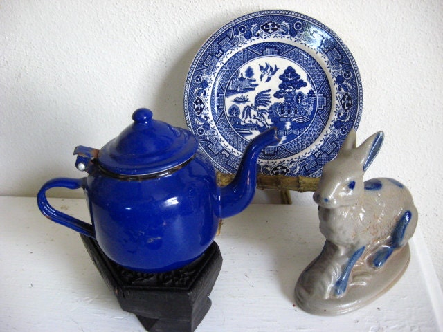 Little Blue Enamel Tea Coffee Pot Paris Flea Market Style Tea for Two multiple uses
